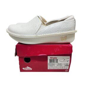 Alegria Womens Debra White Tooled Slip-On Nursing Shoes 39W Comfortable Leather